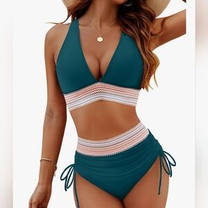 Blue and Pink Halter Bikini with Ruched Details Size L (T4)